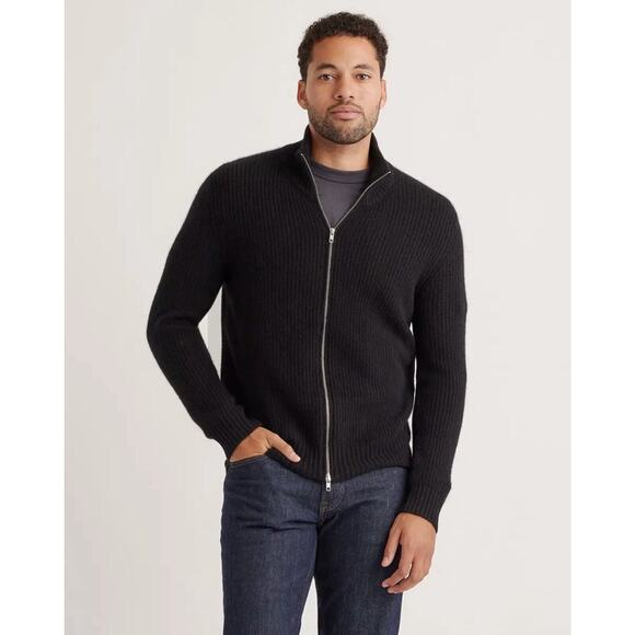 New Quince Men’s Black Mongolian Cashmere Fisherman Full Zip Sweater Small 3437 - Picture 1 of 11